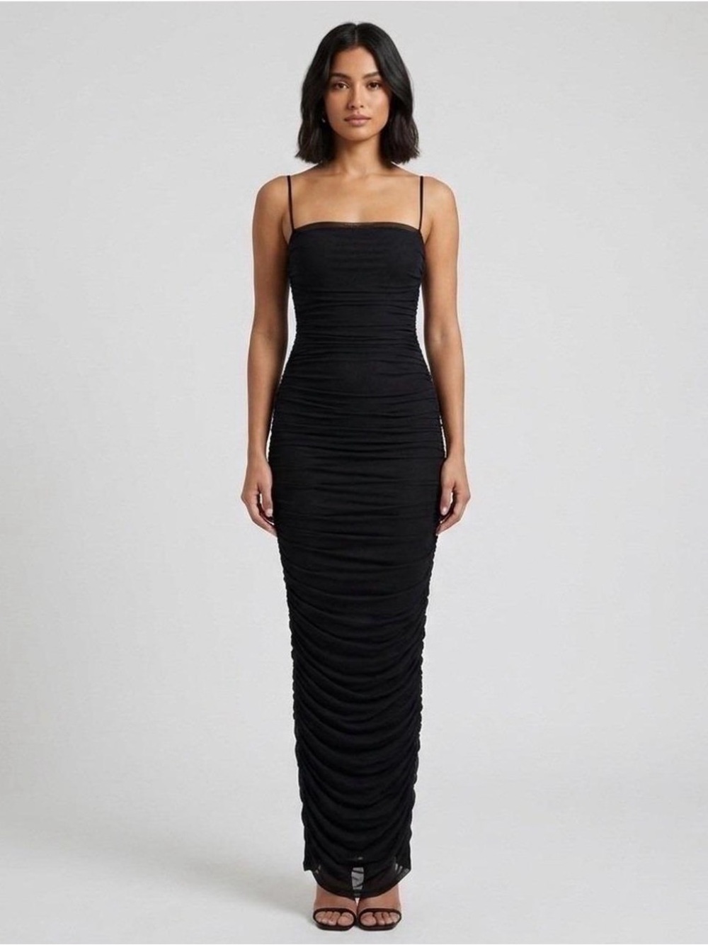 House of CB Black Ruched Maxi Slip Dress